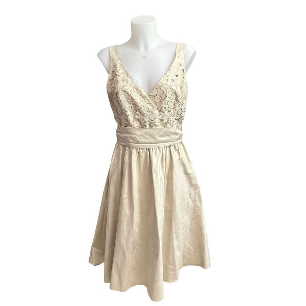Lafayette 148 New York Beige Silk Eyelet Fit & Flare Belted Midi Dress sz‎ 8